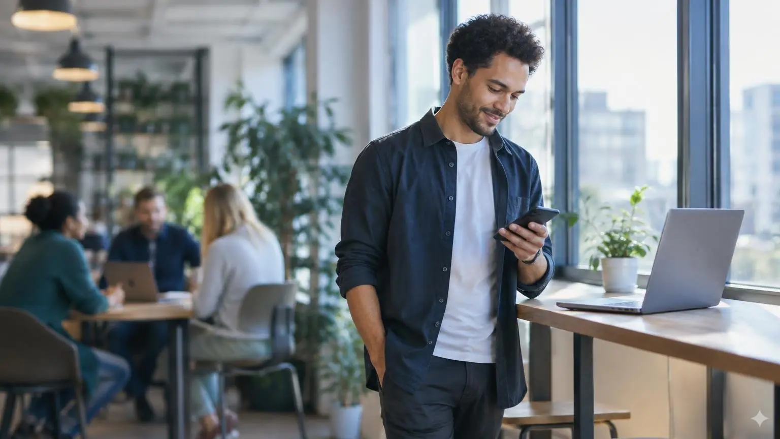 A founder in a co-working space smiling at his phone