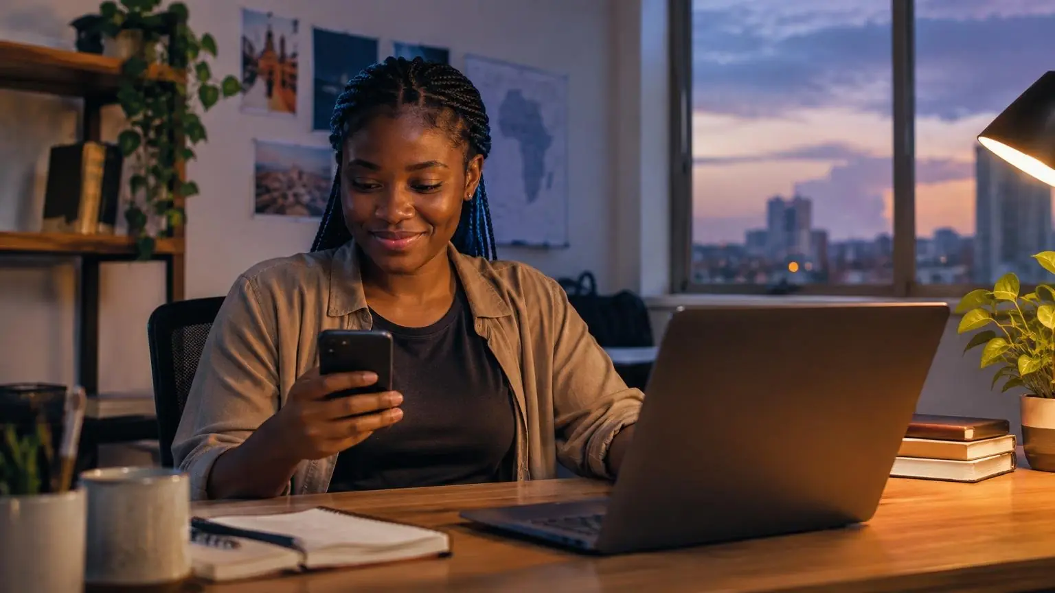 A startup co-founder in Accra smiling at her phone at dusk