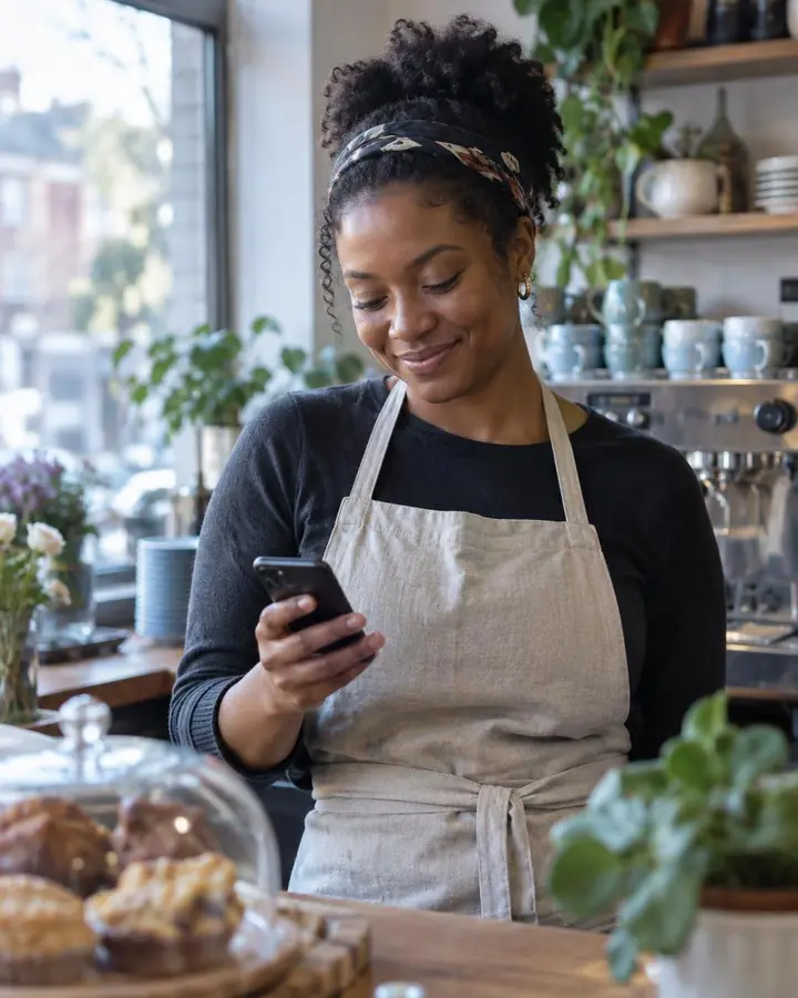 A café owner in London smiling at her phone behind the counter