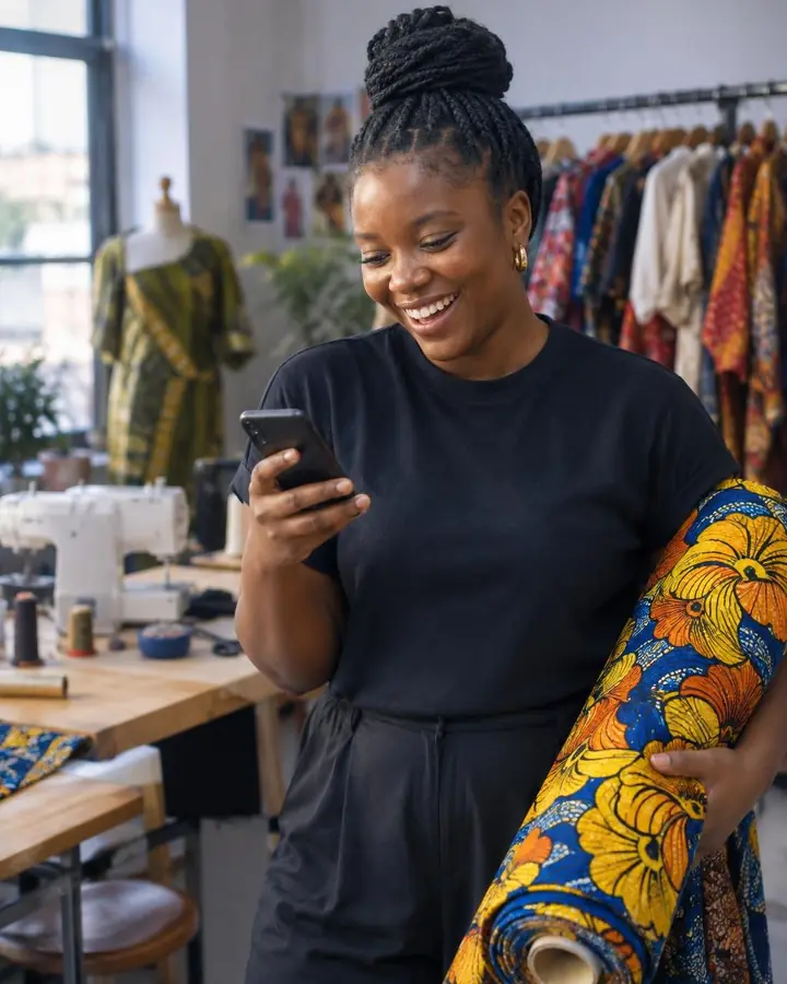 A fashion founder in Lagos laughing at her phone in her studio